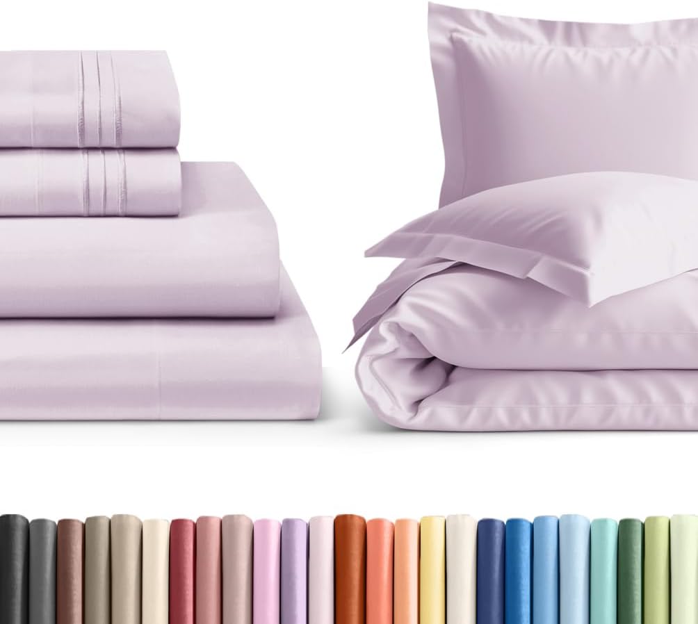 4 Piece Light Lavender Twin XL Bed Sheet Set with Duvet Cover - 8 to 16 inch Deep Pockets - 1 Flat, 1 Fitted Sheet & 2 Pillowcases - Oeko-TEX - Ultra Soft & Wrinkle Free - Hotel Quality Luxury Bedding