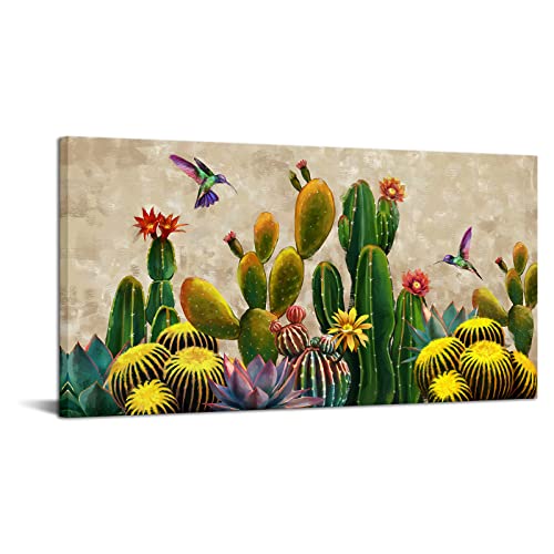 LevvArts Large Vintage Cactus Canvas Wall Art Arizona Succulent Plant
