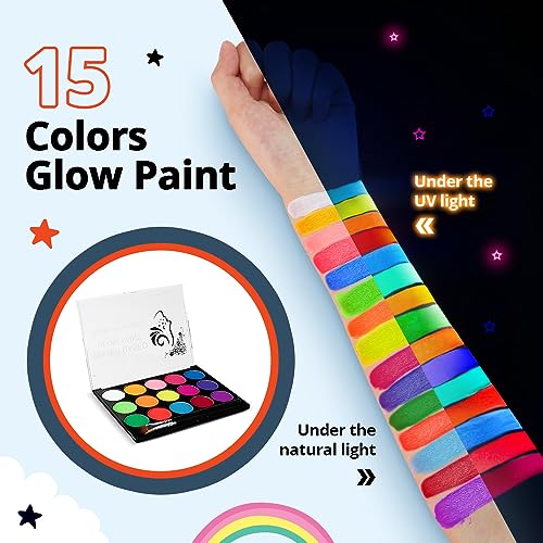 Skymore Glow In The Dark Uv Body Paint 15Pcs Face Paints For Kids & Uv Neon Glow Face Painting Kits With 2 Brushes&Stencils For Halloween And Parties thumb #1
