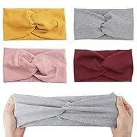 Generisch Elastische Breite Haarbänder für Damen und Mädchen, Baumwolle Twist Knoten Stirnbänder, 4er Pack, Gelb Grau Rosa Weinrot, 19x10cm, für Sport Yoga Laufen
