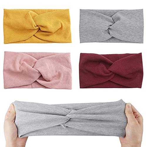 Generisch Elastische Breite Haarbänder für Damen und Mädchen, Baumwolle Twist Knoten Stirnbänder, 4er Pack, Gelb Grau Rosa Weinrot, 19x10cm, für Sport Yoga Laufen