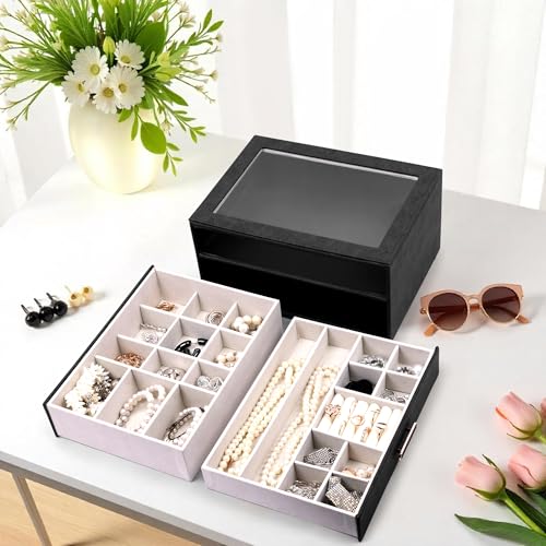 Image of BucketList Premium PU Leather Jewellery Organizer Box with Glass Lid | 2 Pull-Out Drawers Multi-Compartment Storage for Rings, Earrings, Necklaces & Bracelets (2-Layer Jewelry Box (Black))