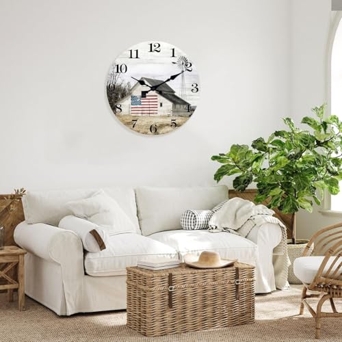 Image of XFM Farmhouse Wall Clock Battery Operated 16 Inch Silent Old Barn | Country American Flag Big Round Analog Decorative for Living Room Kitchen Bedroom Office Non-Ticking