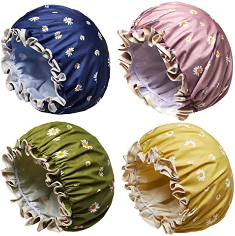 Shower Caps,4 Pack Shower Caps for Women,Waterproof Hair Cap for Shower,Double Layer Shower Hair Bath Cap,Reusable Bathing Shower Hat,Elastic PEVA Lined Bath Shower Caps for Long Short Curly Thick Hair