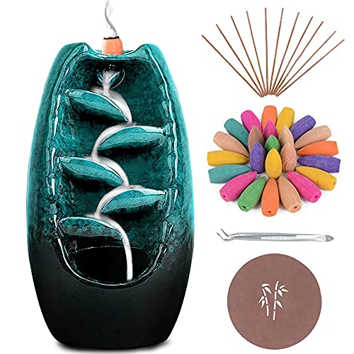 Anbar Backflow Incense Burner with 120 Cones 30 Sticks Tongs and Table Mat Natural Aromatherapy with Ceramic Smoke Waterfall Supports Meditation and Relaxation Home Decor (Blue)