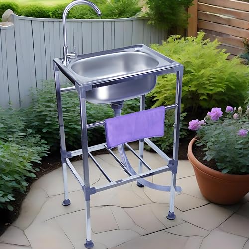 Free Standing Stainless Steel Outdoor Utility Sink,Single Bowl Restaurant Commercial Sinks Mobile Garden Washbasin,Handwashing Station for Kitchen Laundry Room