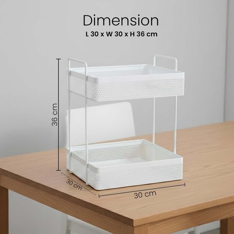 Image of Go Hooked Metal Standing Rack 2-Tier Countertop Organizer | Spices Organizer | Bathroom Essentials | Vanity Storage | Decorative Use | Cosmetic Makeup Storage (White)