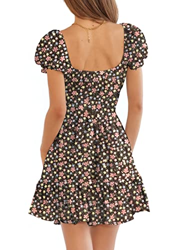 Image of Womens Babydoll Mini Dress Casual Square Neck Short Sleeve Summer Dresses | Empire Waist, Smocked, Flowy, Short Beach Dress, Vacation, Floral, Boho