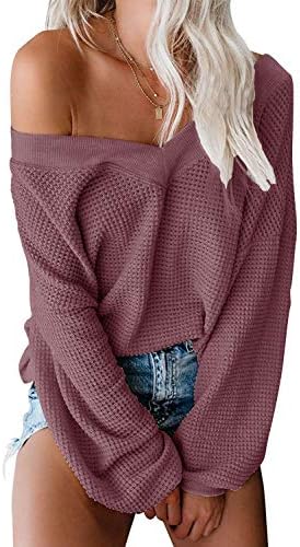 ReachMeWomens Oversized Off The Shoulder Tops Long Sleeve Waffle Knit Shirt V Neck Pullover Sweater