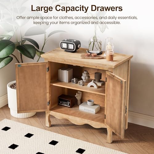 Image of RoyalCraft Sideboard Buffet Kitchen Storage Cabinet, Solid Wood Credenza Accent Cabinet, Cupboard Console Table with 2 Craved Decorated Doors for Dining Room, Living Room, Hallway (Natural)