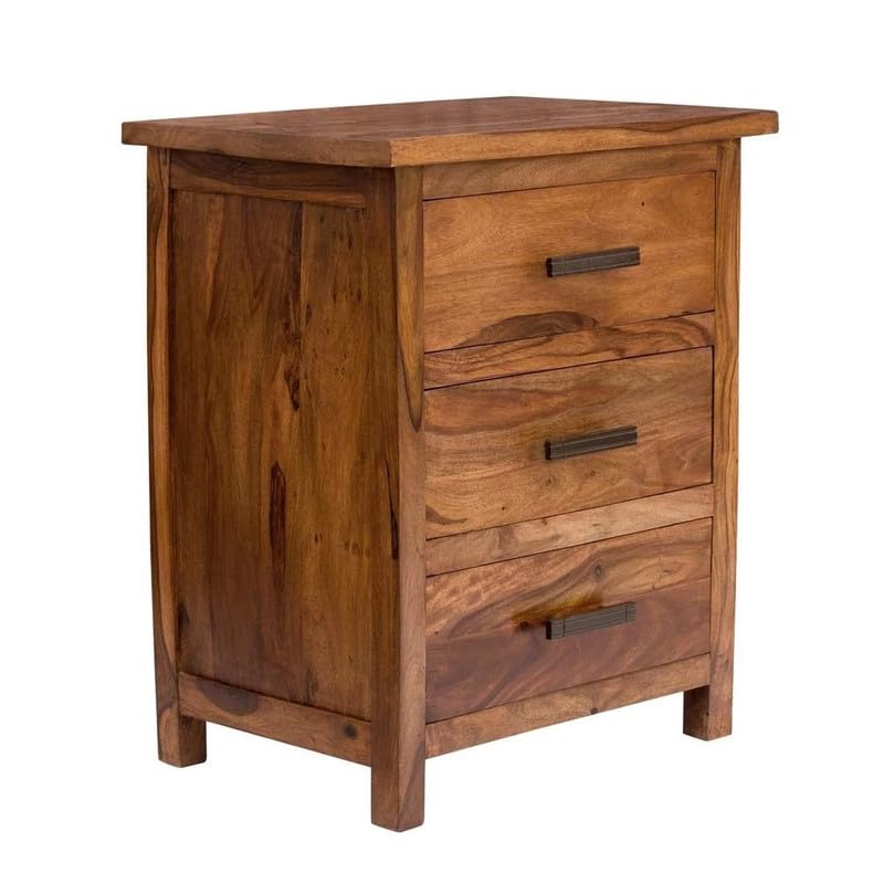 Image of Presents Solid Sheesham Wood Bedside Side Table with 3 Drawer for Bedroom, Sofa, Small, Brown (Brown)