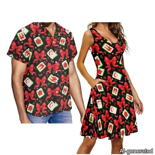 Image of Dreaweet Summer Dresses for Women A-Line Sleeveless Flowy Sun Dresses,Men's Casual Button-Down Shirts,Couple Matching Outfits