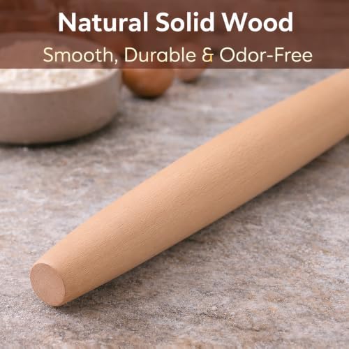 17 Inch French Rolling Pin, Wooden Dough Roller for Baking, Solid Wood Tapered Rolling Pin for Pizza, Pie Crust, Cookies, Pastry, Non-Stick, Easy Control Kitchen Baking Tool, Beech Wood - Image 2