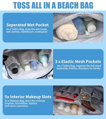 Beach Bags for Women, Large Waterproof Sandproof Swim Pool Bag with Dry Wet Seperated Pocket Utility Tote Bag4