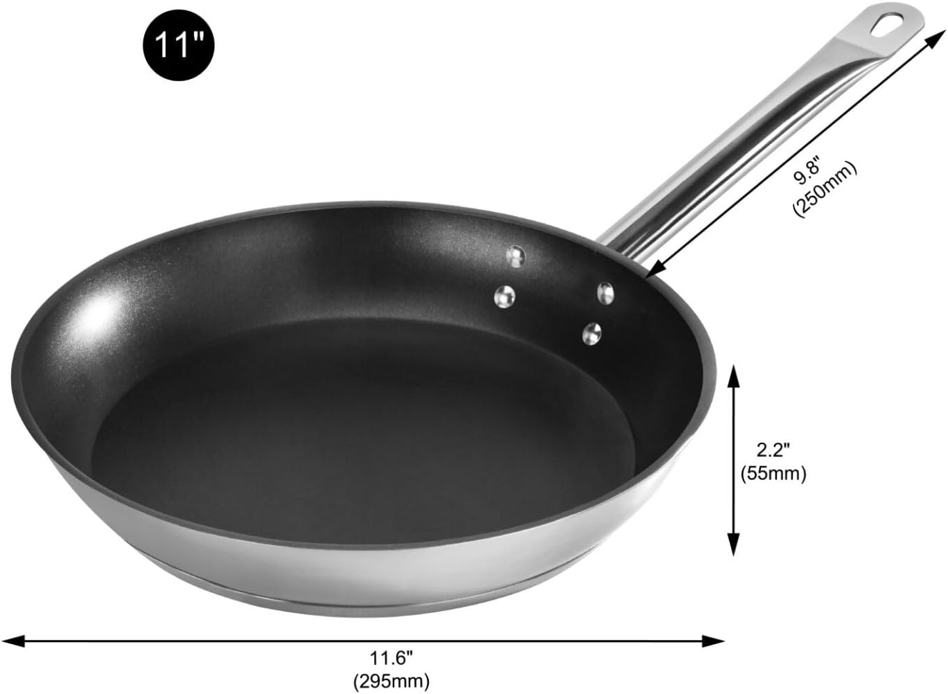 New Star Foodservice 11.0-Inch Nonstick Stainless Steel Fry Pan, 18/8 Stainless Steel, 2.0-Inch Depth