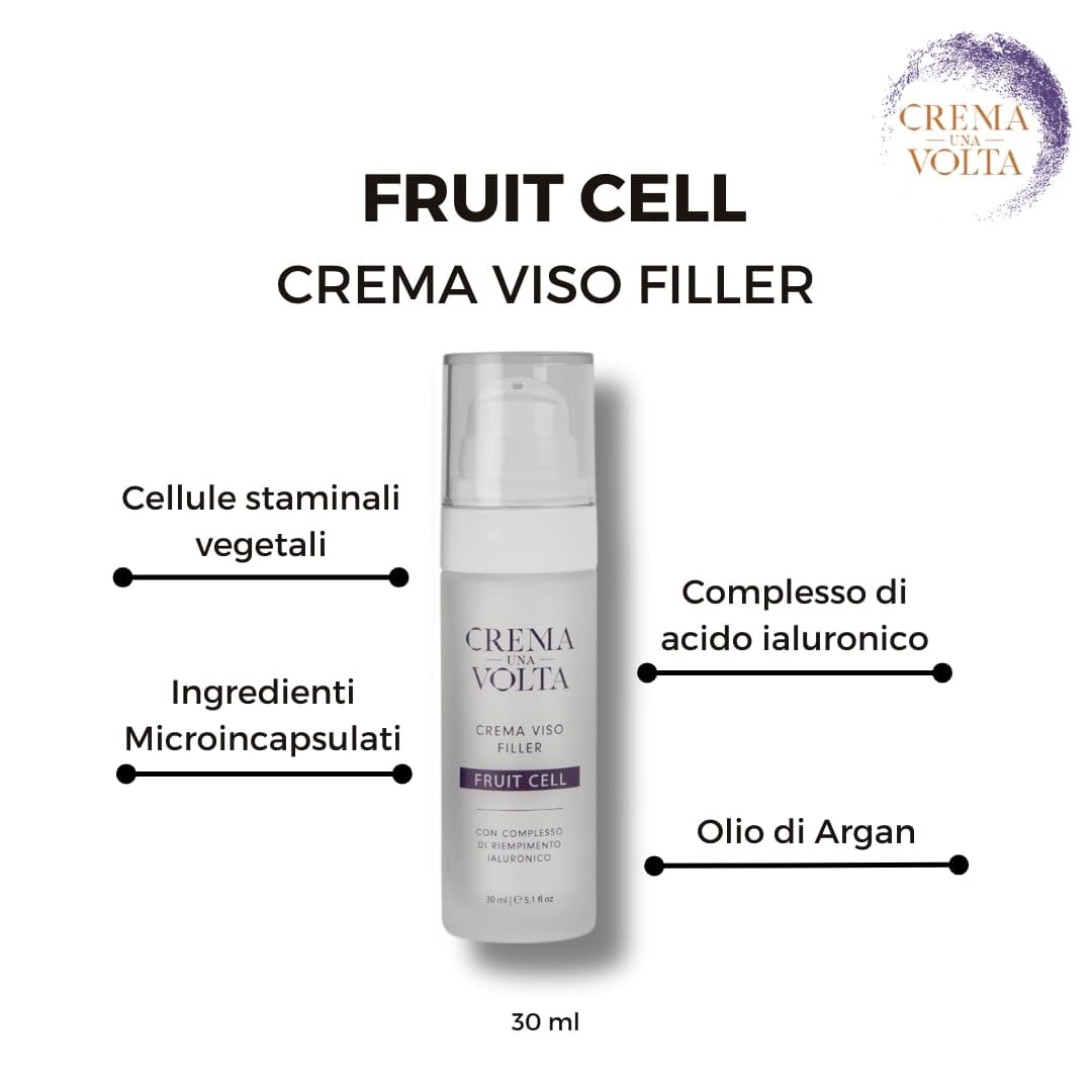 CremaUnaVolta Crema Viso Filler - Fruit Cell - con Acido Ialuronico e Cellule Vegetali – Idratante, Anti-età, Rimpolpante e Illuminante – Pelle Secca, Sensibile e Spenta – 30 ml
