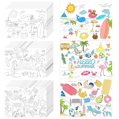 150 PCs Hello Summer Placemats Beach Theme Disposable Paper Placemats 14.2 * 10.2 Inch Coloring Sheets Bulk Disposable Dining Table Mats Party Holiday Table Decorations for Kids