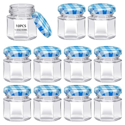 eispap 10Pack 1.5 oz Mini Clear Honey Jars for Wedding Favor, 45ml Small Glass Favor with Airtight Lids, Gift Jars, Sample Body Butter, Jam, Spices, Herbs, Candy, Candle (Blue grid lid)