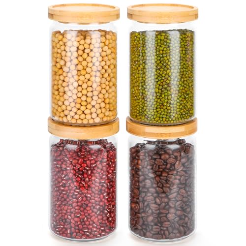 Otauoaea Barattoli Vetro con Coperchio – Set di 4 700ml Contenitori Pasta Vetro – Barattoli Cucina con Coperchio in Bambù Scanalato – Impilabile Stabile – Barattoli Vetro Ermetici