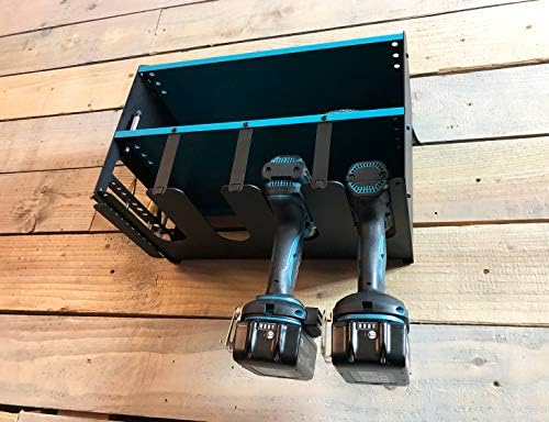 MegaMaxx Power Tool and Drill Storage Unit Charging Station for 4 Tools and 2 Shelf - Wall Mount Toolbox Rack Cabinet for Workshop, Garage, Shed, Van, Drill Driver, Impact Gun Organiser (Blue)