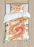 Ambesonne Dragon Duvet Cover Set, Chinese Dragon with Martial Arts Japanese Samurai Yin Yang Picture...