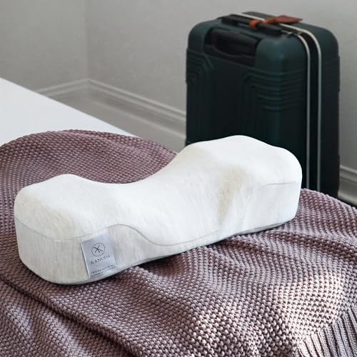 Kanuda Mini Portable Pillow (Oatmeal) Compact Orthopedic Cervical Neck Pillow for Travel Firm Memory Foam Support with CV4 & OCBR Therapy Washable Cover & Storage Bag