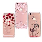 Freessom Lot de 3 Coque iPhone 7/8 Silicone Transparente Motif Fleur de Cerisier Prunier Rose Coeur Rouge Fée Kawaii Souple Dessin Fantaisie Fine Antichoc Apple Cadeau Pas Cher