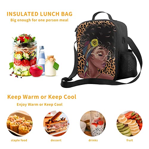 Pauseboll African American Black Girl Lunch Bag Insulated, Sunflower Leopard Print Lunch Bags For Boys Girls Teens Adult Reusable Canvas Lunch Box With Shoulder Strap And Side Pocket #TOP2