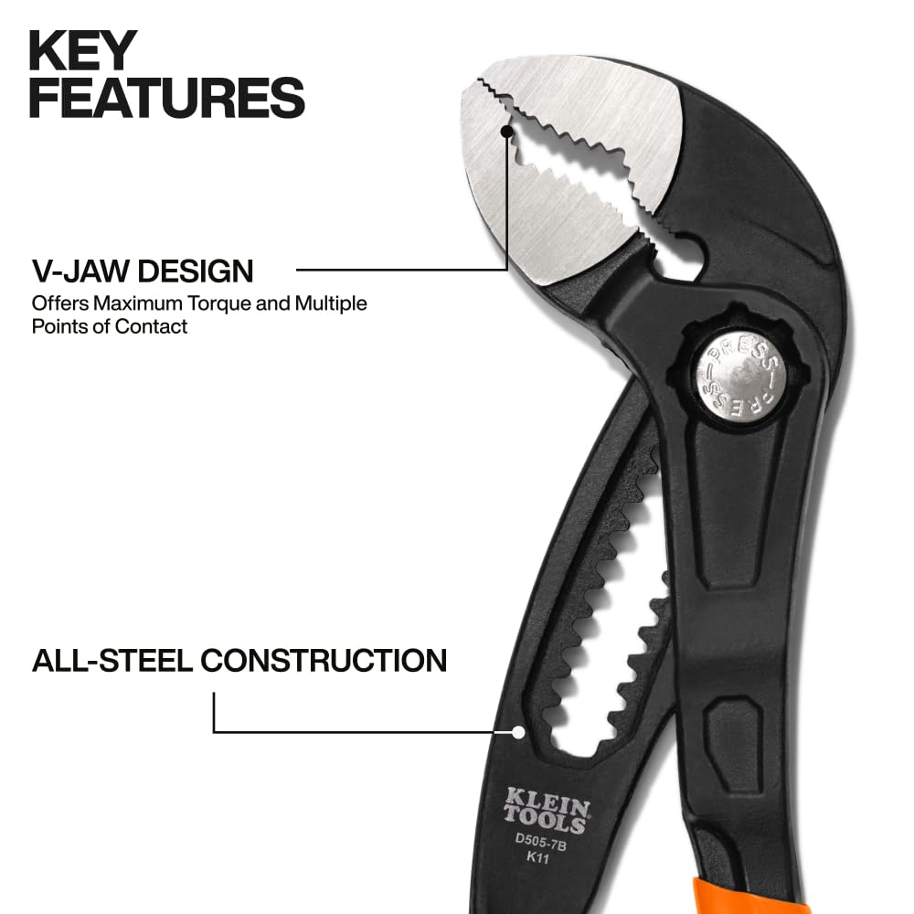 Klein Tools D5057B Pince à pompe à cliquet à réglage rapide de 17,8 cm, design compact avec mâchoire en V et dents trempées pour un couple maximal