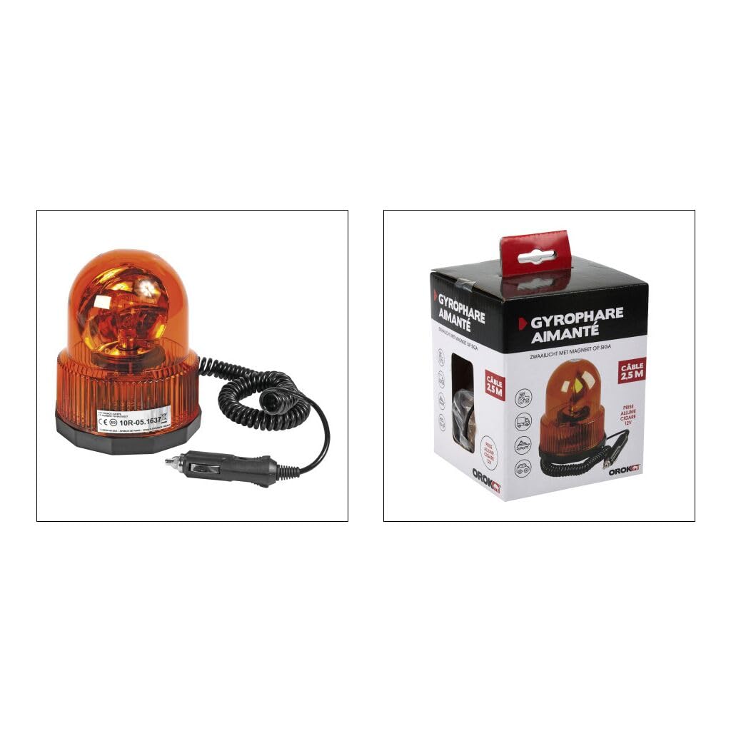 OROK 641979 Gyrophare Orange 12V Aimanté – Gyrophare Rotatif avec Prise Allume-Cigare Câble 3 m – Signalisation Véhicule Agricole, Chantier et Utilitaire – Conforme CE