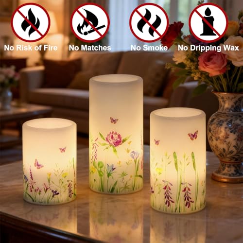 Image of Butterfly Spring Flameless Candles with 6 Hour Timer Real Wax Battery Operated LED Flickering Pillar Candles Dinner Holiday Home Decor(3 Pack, 3 inch D x 4 inch, 5 inch, 6 inch H)