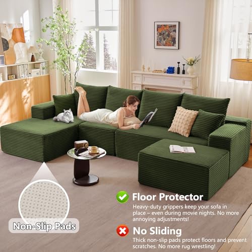 Image of 135.4 inchModular Sectional Sofa, Boneless Couch U-Shaped Sofa for Living Room | Cloud Couch Sectional with Ottoman, 4 Seater Deep Seat Memory Foam Compressed Sofa, No Assembly, Left-Facing Chaise, Green