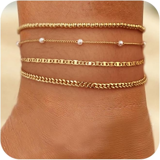 Gold Ankle Bracelets for Women, 14K Gold Anklets Waterproof Cuban Link Anklets Set Layered Anklet Pearl Bead Ankle Bracelets Summer Beach Foot Chain Ankle Jewelry Gifts