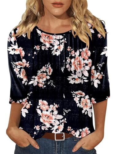 KISSMODA Tunic Tops for Women Loose Fit Dressy Round Neck Pleated 3/4 Length Sleeve Spring Tops