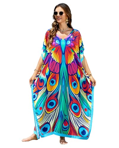 Image of sunforyou Kaftan Dresses for Women Plus Size Lightweight Swimsuit Cover up Batwing Sleeve Print Loungewear Beach Robe