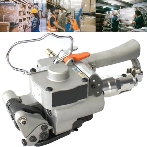 Steel Banding Strapping Machine, Pneumatic Strapping Tool, 3500N Adjustable Tension, Adjustable Air Pressure 0.6-0.8MPA, for PP/PET Tape Width 19-25mm, for Logistics Warehouses, Supermarkets
