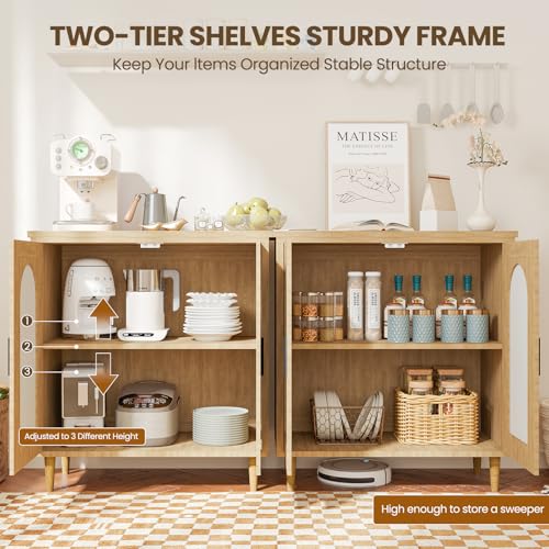 GarveeHome Sideboard Buffet Kitchen Storage Cabinet with Rattan, Solid Wood Feet for Living Room, Hallway, Entryway, Cabinet with Ample Storage Space (Natural, 2 pcs)