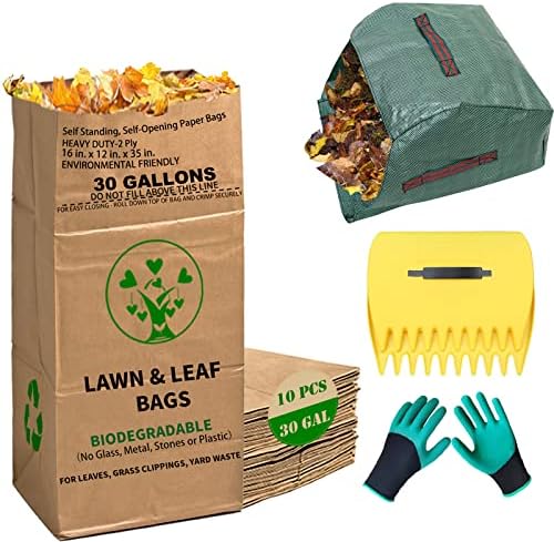 AimGrowth 30 Gallon Heavy Duty Brown Paper Lawn and Leaf Bags with 22 GAL Dustpan-Type Bag and Leaf Scoops| 2-Ply Large Kraft Paper Bags (10 Count) | Tear Resistant Yard Waste Bag for Home and Garden
