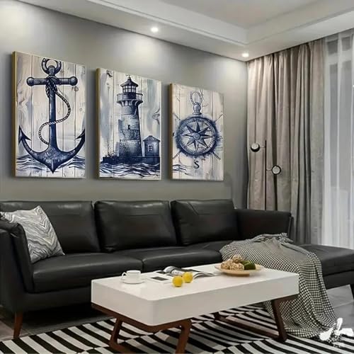 Affiches côtières boussole et ancre nautique pour salon l'ensemble de 3 toiles 60x90 cm