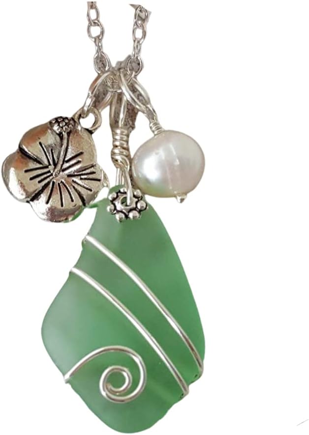 yinahawaii Handmade Sea Glass Necklace, Hawaiian Jewelry, Wire Peridot Green Necklace, Hibiscus Pearl Charm, Sea Glass Jewelry Birthday Gift For Women (August Birthstone)