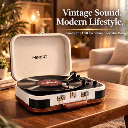 Image of HINISO T601 Bluetooth Vinyl Record Player with Magnetic Cartridge & Diamond Stylus | 3-Speed Suitcase Turntable (33 /45 /78 RPM) | USB & SD Recording | Bluetooth Input & Output | Built-in Speakers