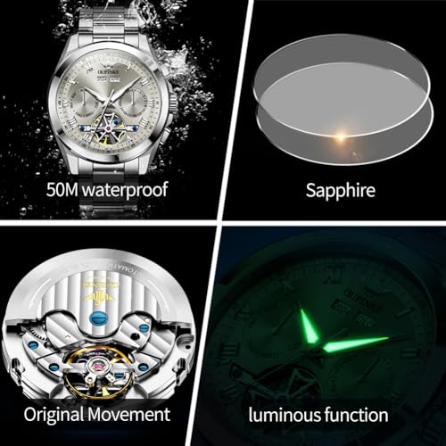 Image of OUPINKE Mens Automatic Watches Luxury Dress Self Winding Skeleton Tourbillon Mechanical Stainless Steel Sapphire Crystal Waterproof Genuine Watches for Men