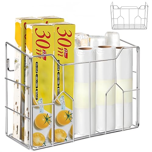 Cididu Kitchen Wrap Organizer Rack Wall Mount, Cabinet Door Organizer Storage, Wall Rack Basket Sturdy Steel Wire, Tall Inside Cabinet Holder for Aluminum Foil Plastic Wrap Wax Paper, Easy to Install