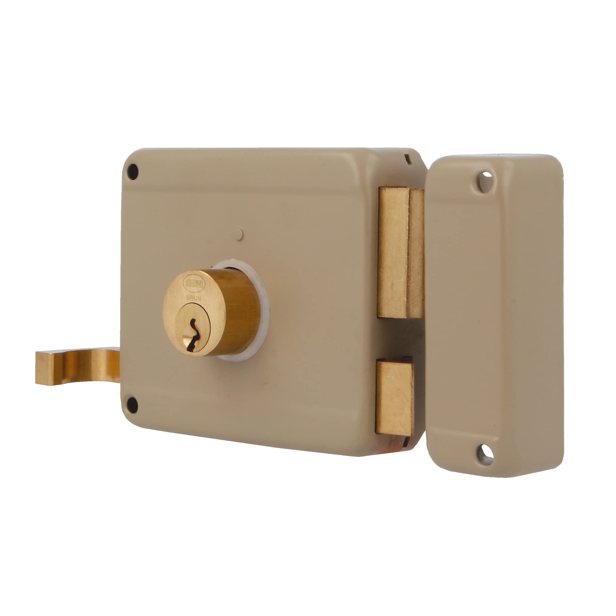 Amig - Serratura a Soprapponere Destra con leva di Chiusura, Linguetta e Maniglia per Porte in Legno Mod. 78 | 100 x 85 mm | Chiavistello con Cilindro Rotondo a Dente di Sega | Acciaio Beige