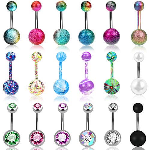 ONESING 18 Pcs 14G Belly Button Rings Belly Rings for Women Belly Piercing Jewelry Belly Barbell Navel Rings Stainless Steel Body Piercing Jewelry