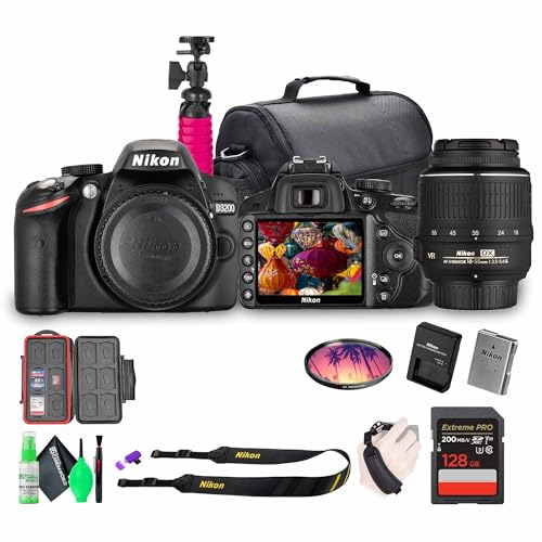 Nikon D3200 24.2MP DSLR Camera Kit with 18-55mm VR Zoom Lens – Full HD 1080p Video Capture, Fast 11-Point Autofocus System + 128GB Memory Card + Protective Memory Card Case + Camera Bag + More