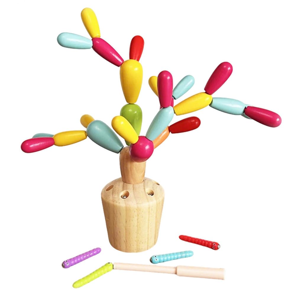 Montessori 2-in-1 Holz Kaktus Stapel- und Insektensammelspiel | Buntes Steckspielzeug-Puzzle, Kleinkind Feinmotorik Hand-Auge-Koordination Lehrreiches Bau-Spielzeug