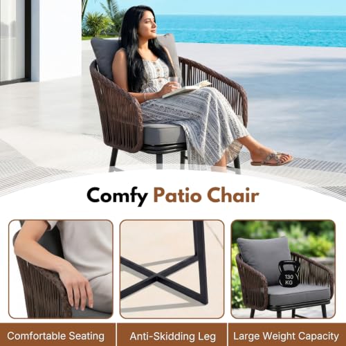 Image of DEVOKO Outdoor 3 Pieces Wicker Patio Garden Furniture Set with Weather Resistant Rattan & Rust Proof Metal Frame Water repllent Cushions(Dark Brown & Dark Grey)