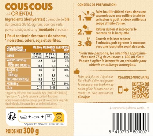 Couscous Oriental Trevijano: 6 Schalen à 300 g. Ohne Zusatzstoffe und Konservierungsmittel, nur getrocknete pflanzliche Zutaten: Couscous, Zwiebel, grüne Paprika, rote Paprika, Curry.