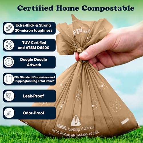 Image of Puppington Certified Home Compostable Poop Bags - ASTM D6400 Compliant - 90 Extra Thick Bags - Plant Based - Pairs with Puppington 3-in-1 Bag & Fits all Standard Poop Bag Dispensers (Latte Beige)